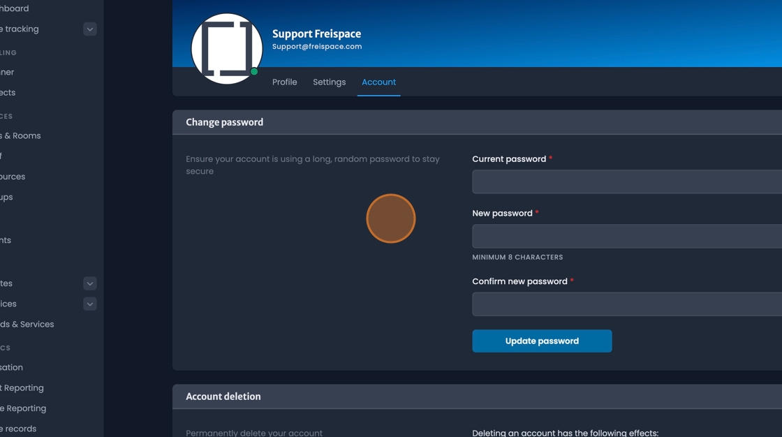 Account tab with password change and account deletion options
