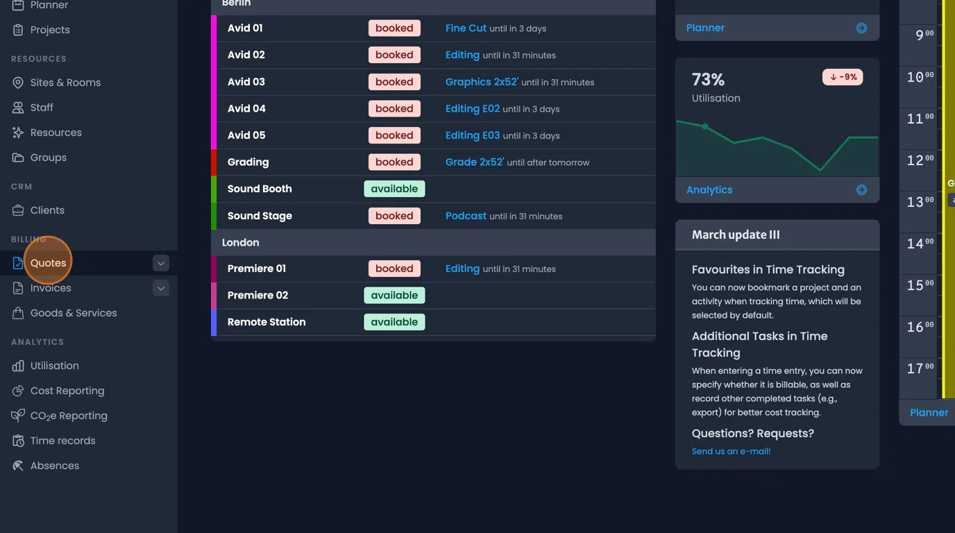 Billing module overview showing quotes, invoices, and goods/services sections