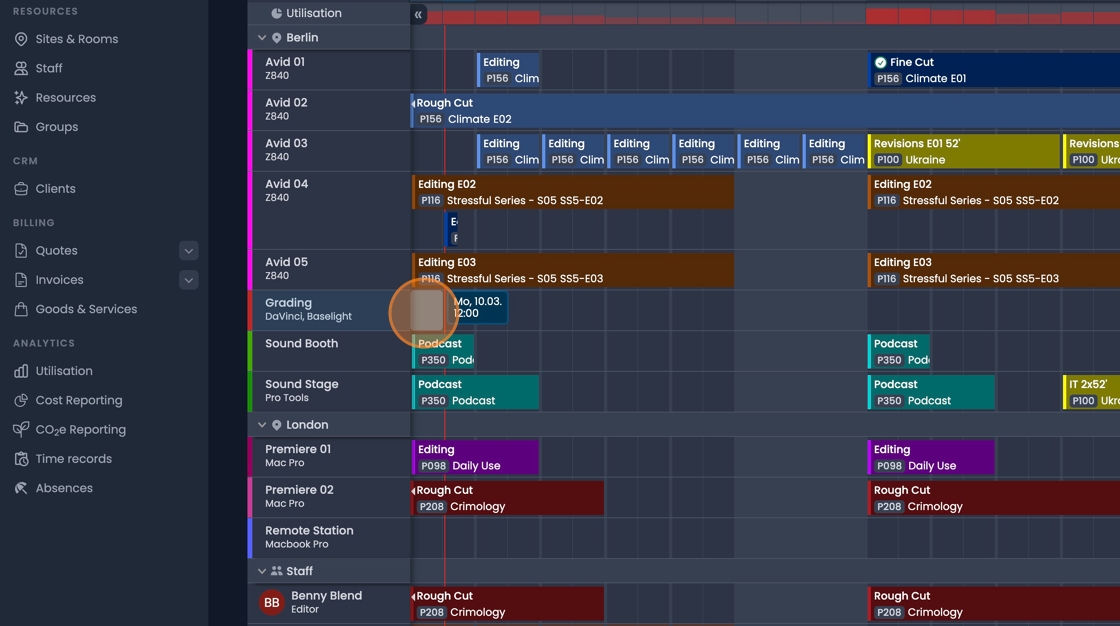 Click and drag interface on planner resource for direct booking creation