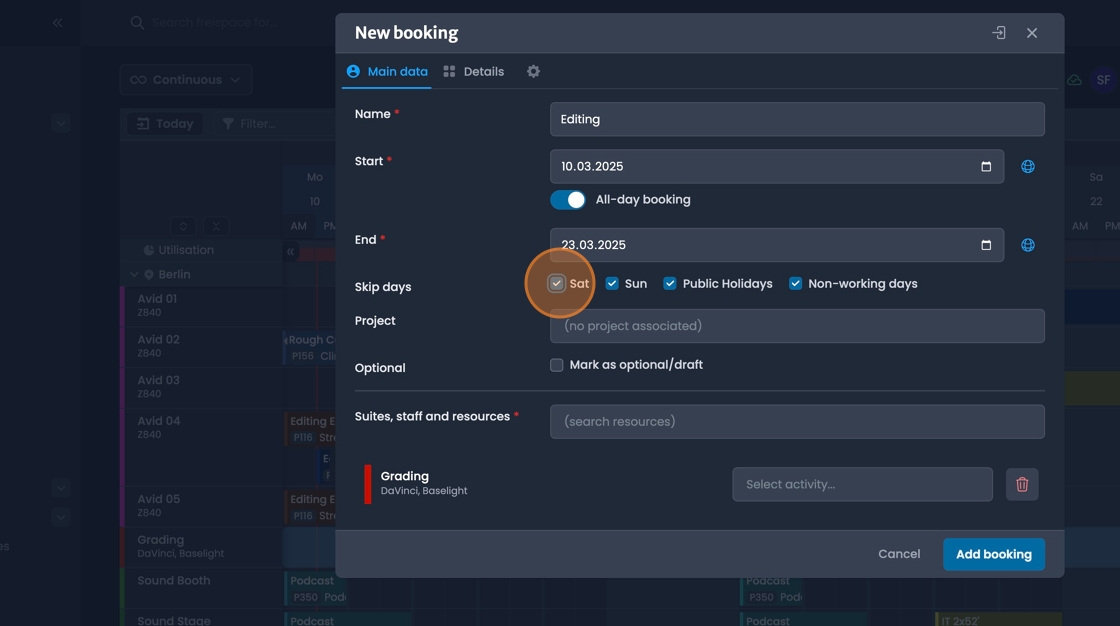 Date and time range selection with options for continuous or skip-day booking