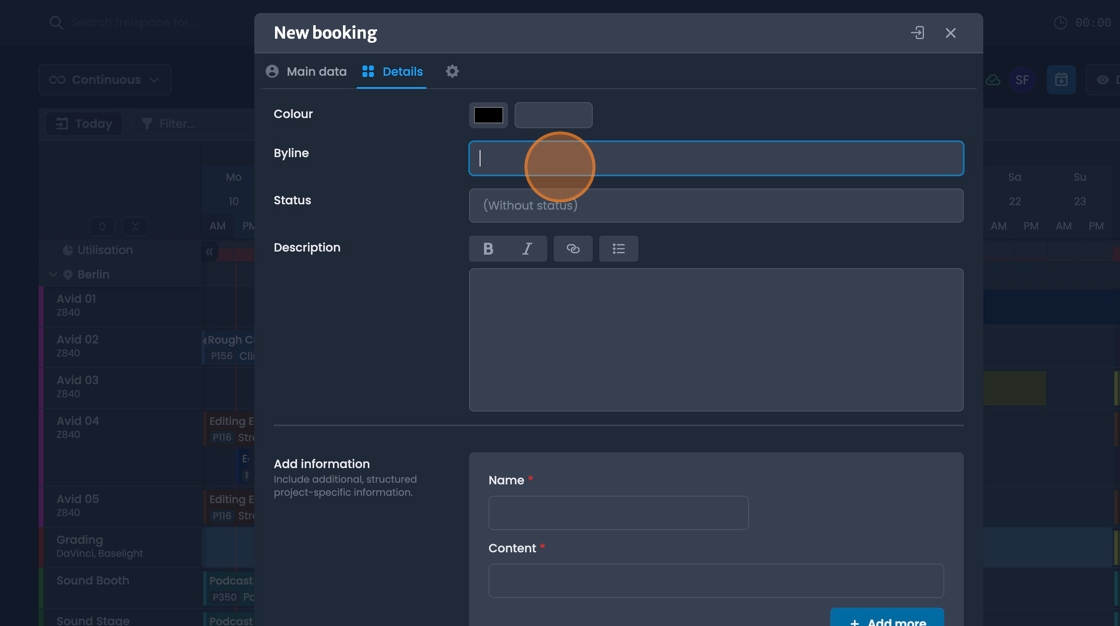 Details tab for adding booking status and description information