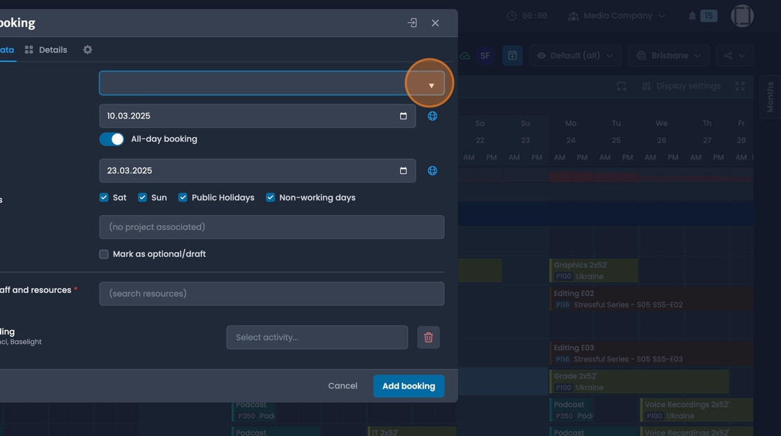 Booking name assignment field in new booking dialog window