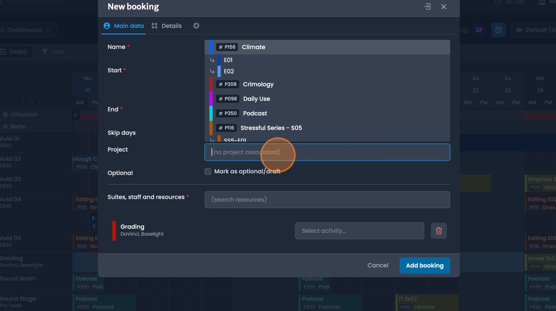 Project field selection for assigning booking to specific project