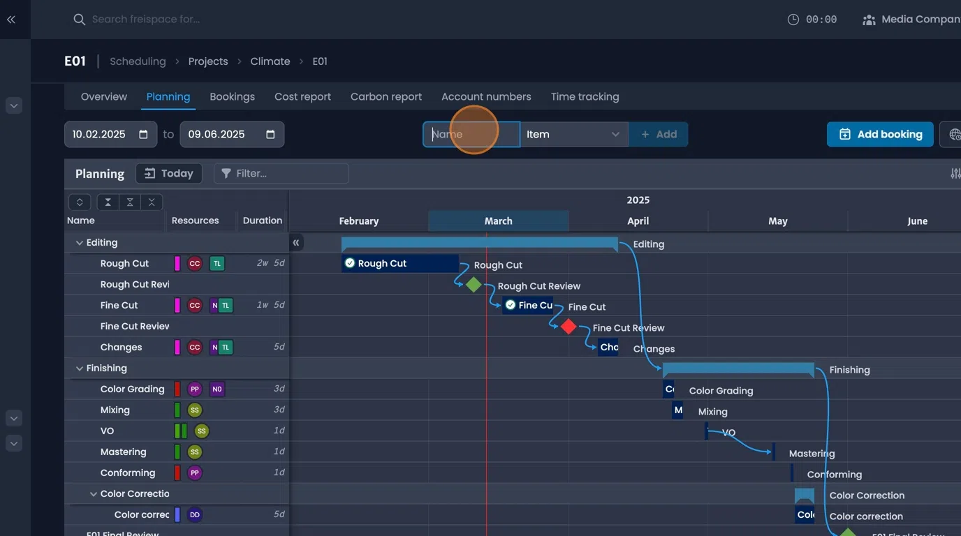 Add items, phases, and milestones interface at top center of gantt chart
