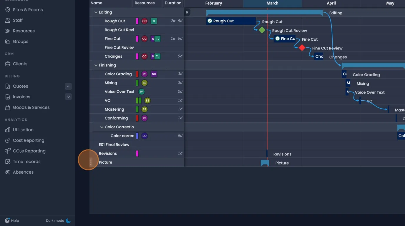 Phase management with drag-drop bookings and layered organization structure
