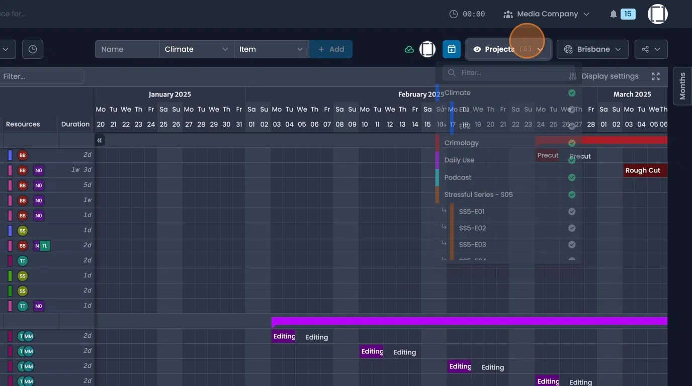 Project selection dropdown for choosing specific projects to view in gantt