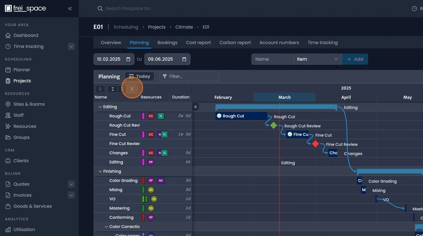 Toggle buttons for showing or hiding subprojects and phases in gantt view