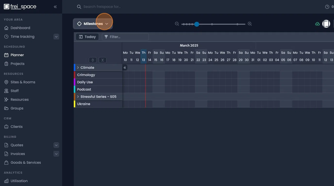 View type dropdown for selecting project gantt or milestones display mode