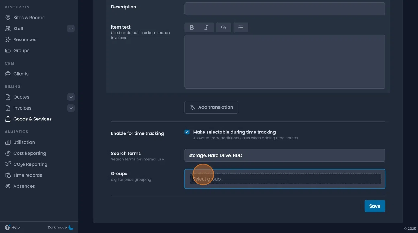 Item organization groups for categorizing goods and services
