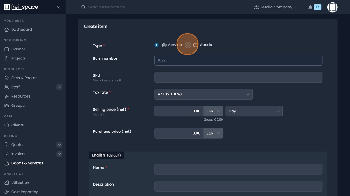 Item type selection interface for choosing service or product categories