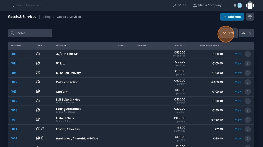 Goods and services landing page overview showing system inventory