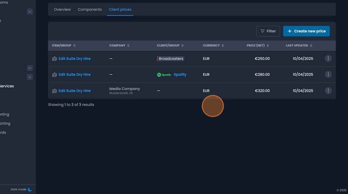 Multiple client prices list showing various pricing configurations