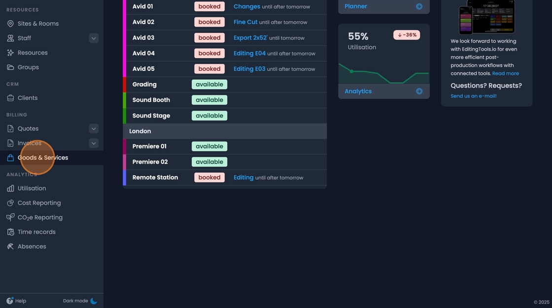 Goods and services overview showing building blocks for quotes and invoices