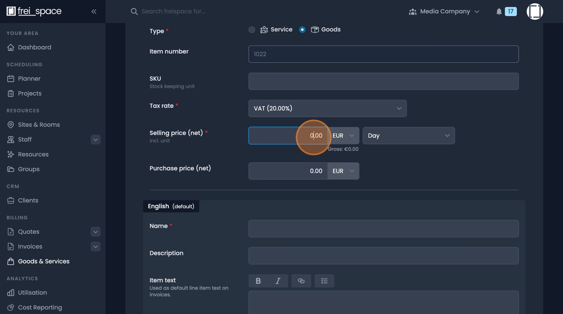 Selling price field for setting standard product or service rates