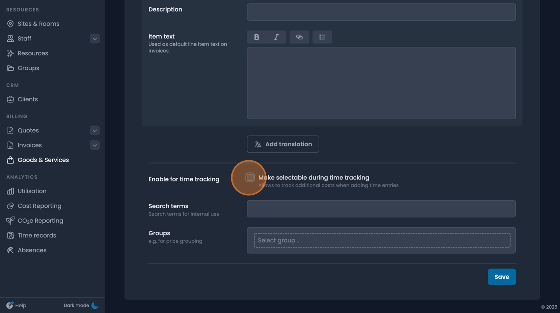 Time tracking option checkbox for billable services integration