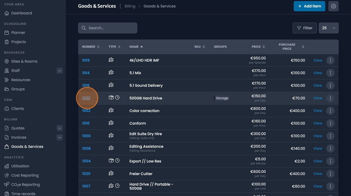 View item interface for accessing detailed goods and services settings