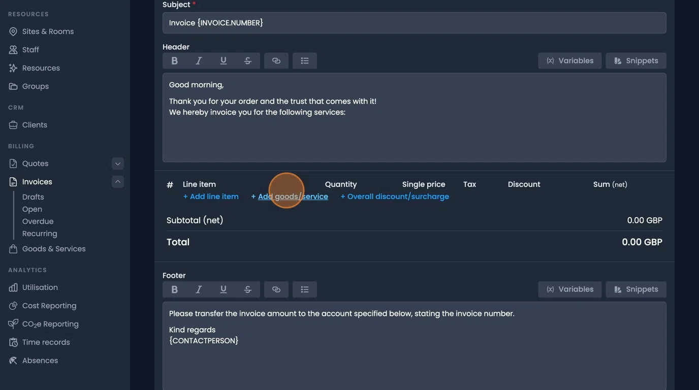 Add goods and services button for inserting predefined items into invoice