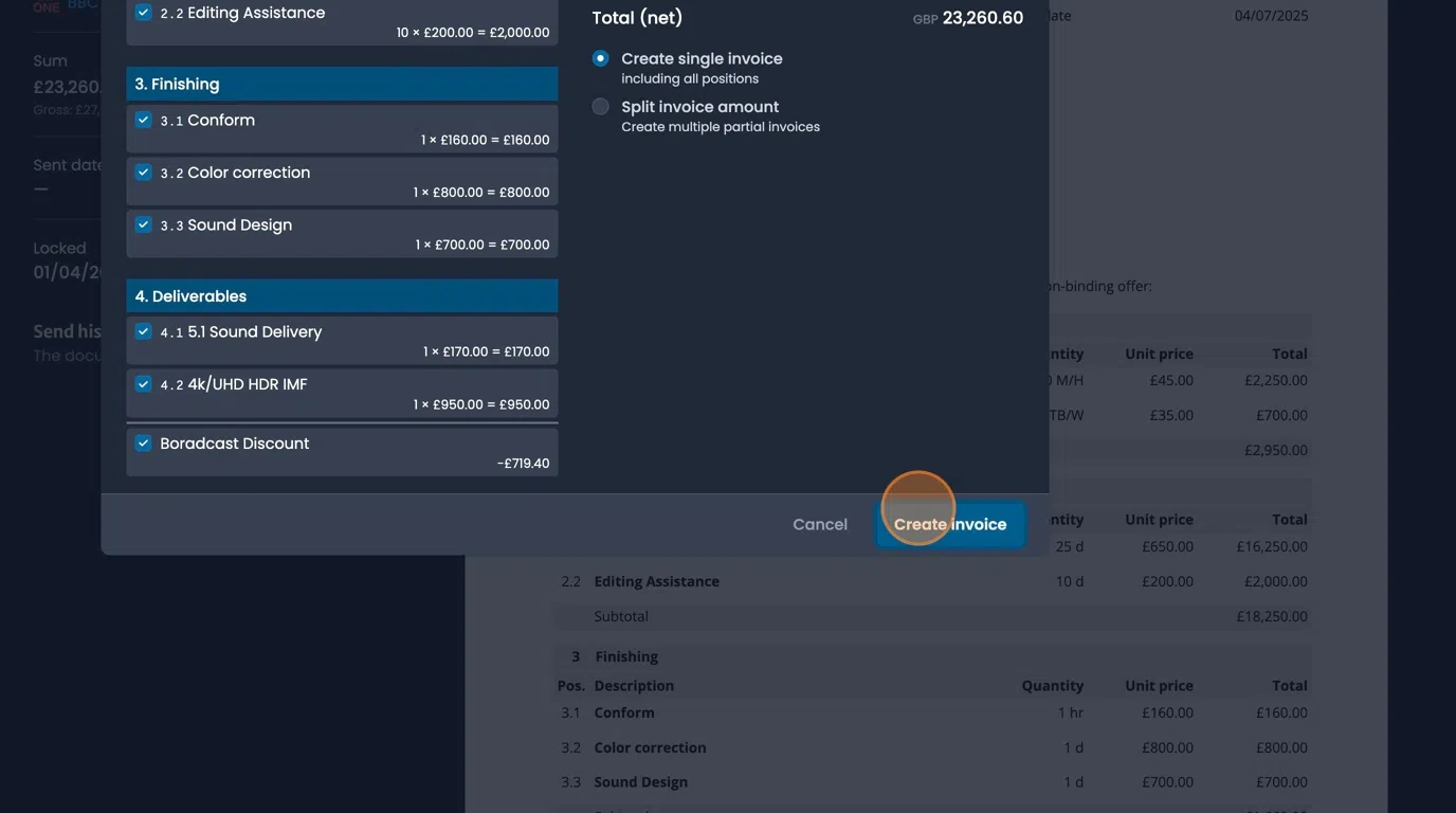 Create invoice button to finalize quote conversion and generate draft invoice