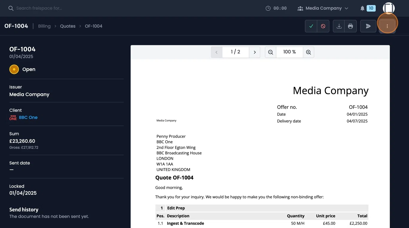 Create invoice option in quote actions menu for conversion process
