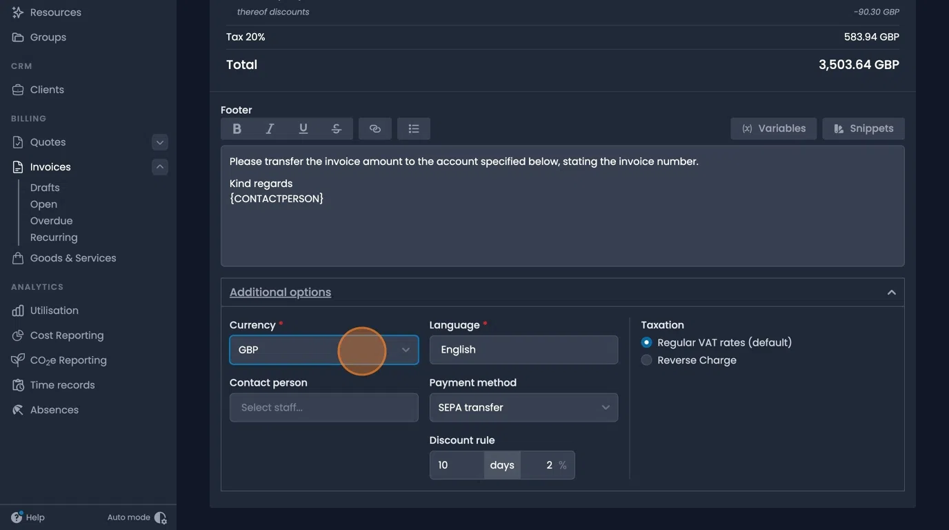Currency, language, and payment method options with taxation rule settings