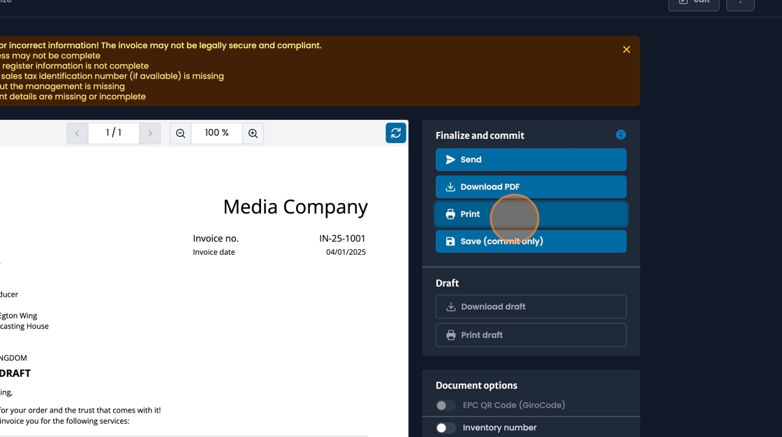 Invoice distribution options for sending, downloading, or printing completed invoices