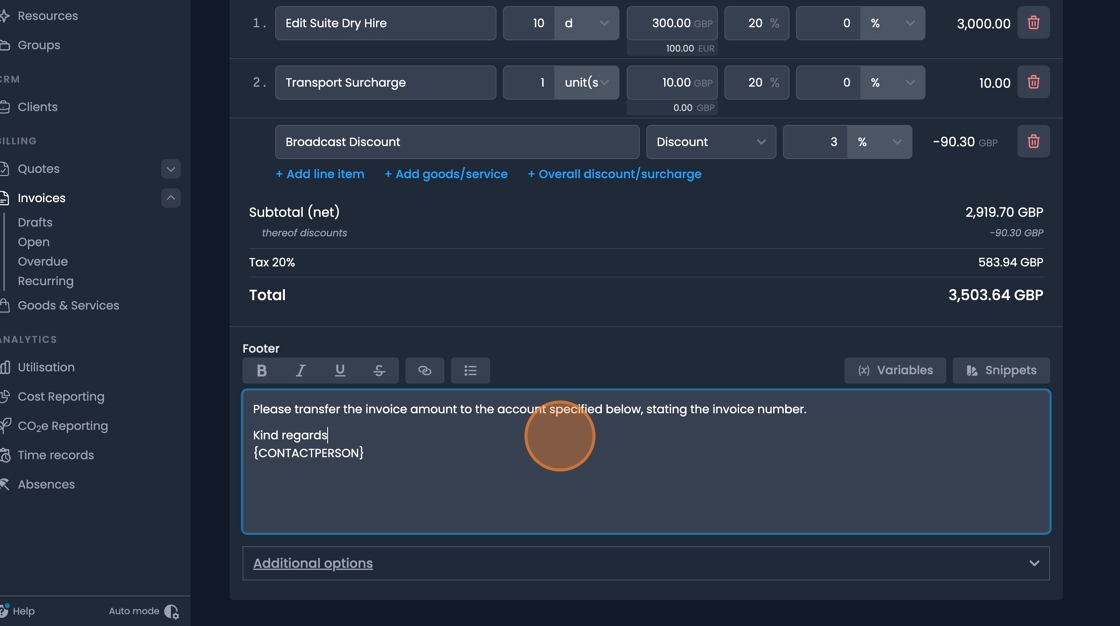Footer text box for adding closing information and terms to invoice bottom