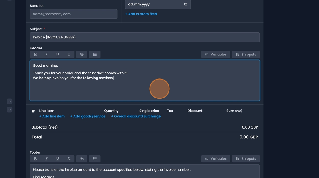 Header text box for adding greetings and unformatted information to invoice top