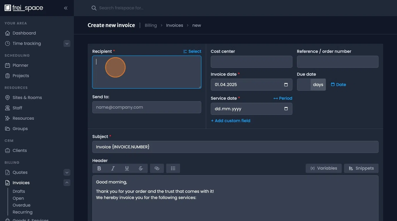Recipient selection interface with manual entry option and client list selection
