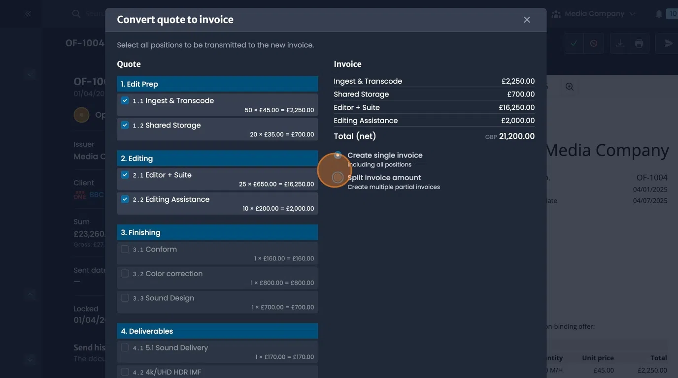 Single or multiple invoice choice for splitting quote into separate invoices