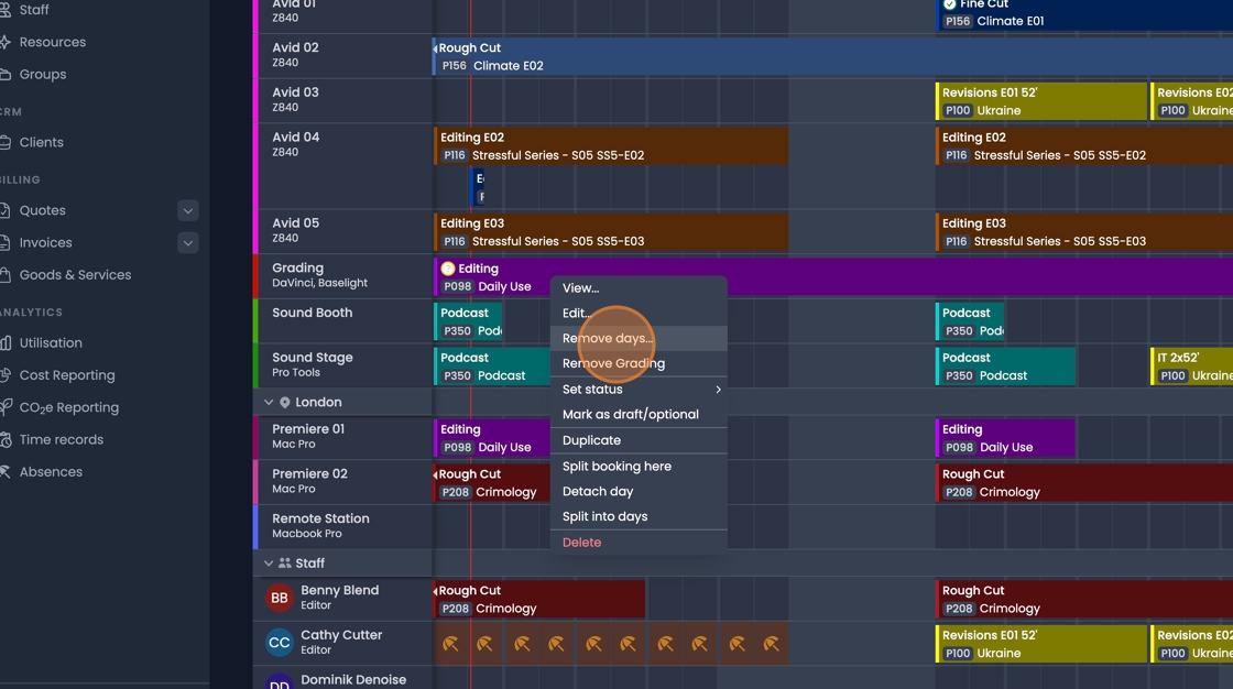 Right-click context menu showing booking management tools and options