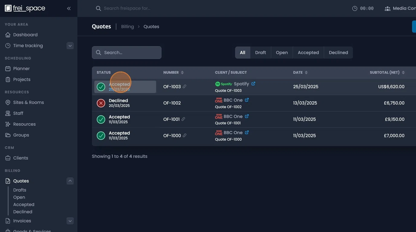 Quote action buttons for editing, finalizing, viewing, and sending quotes