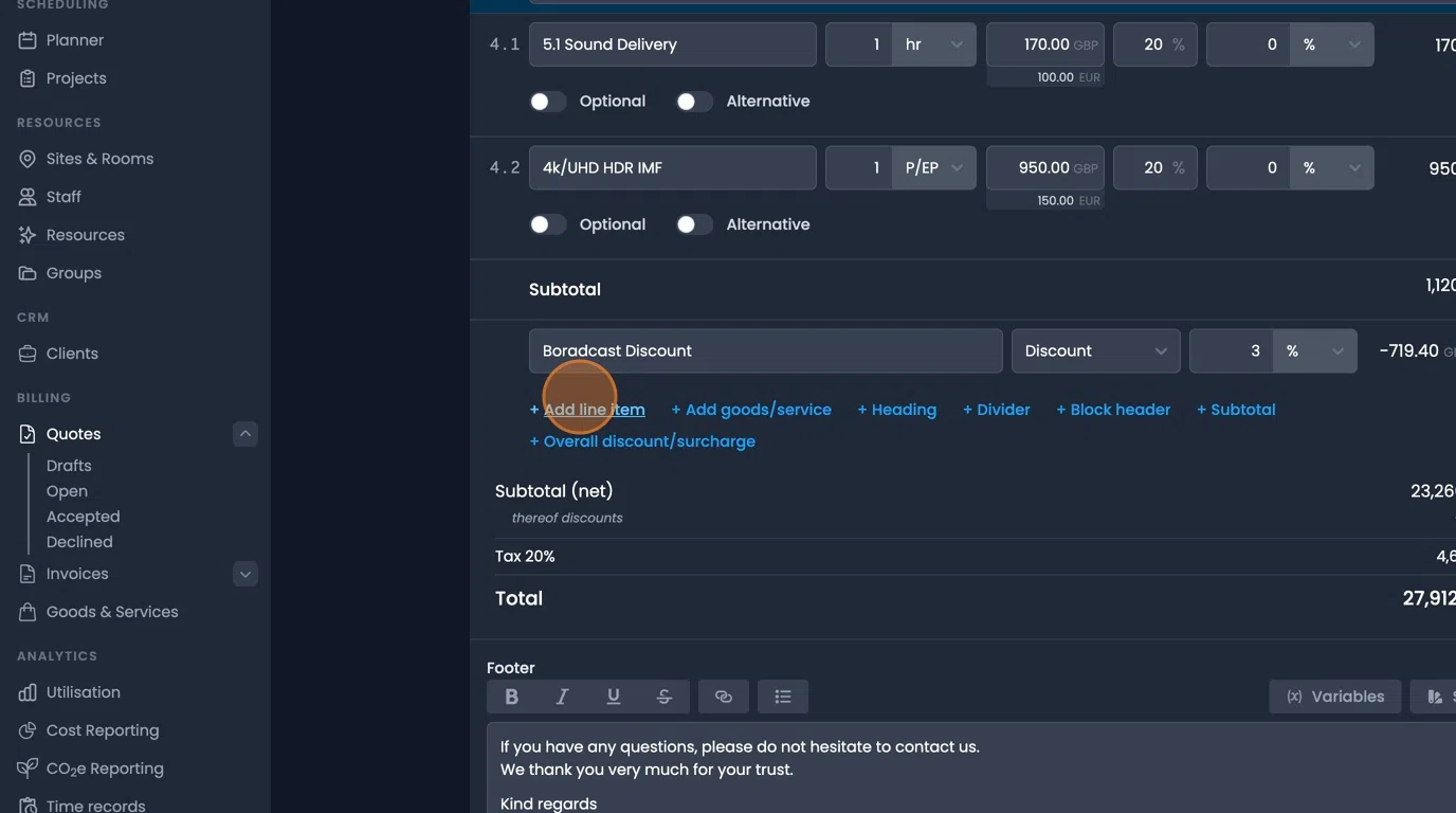 Add line item interface with custom fields for units and pricing options