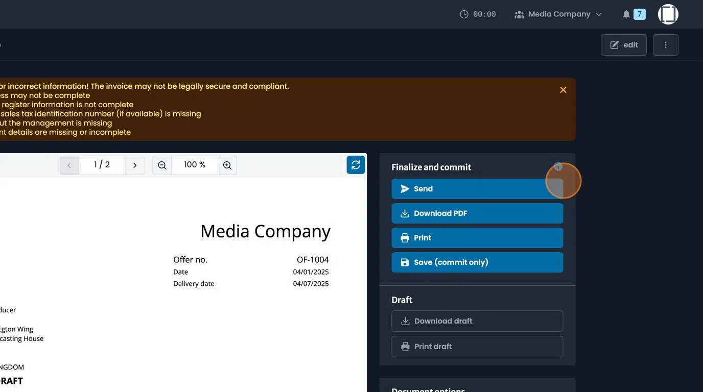 Quote distribution options including send, download PDF, print, and save