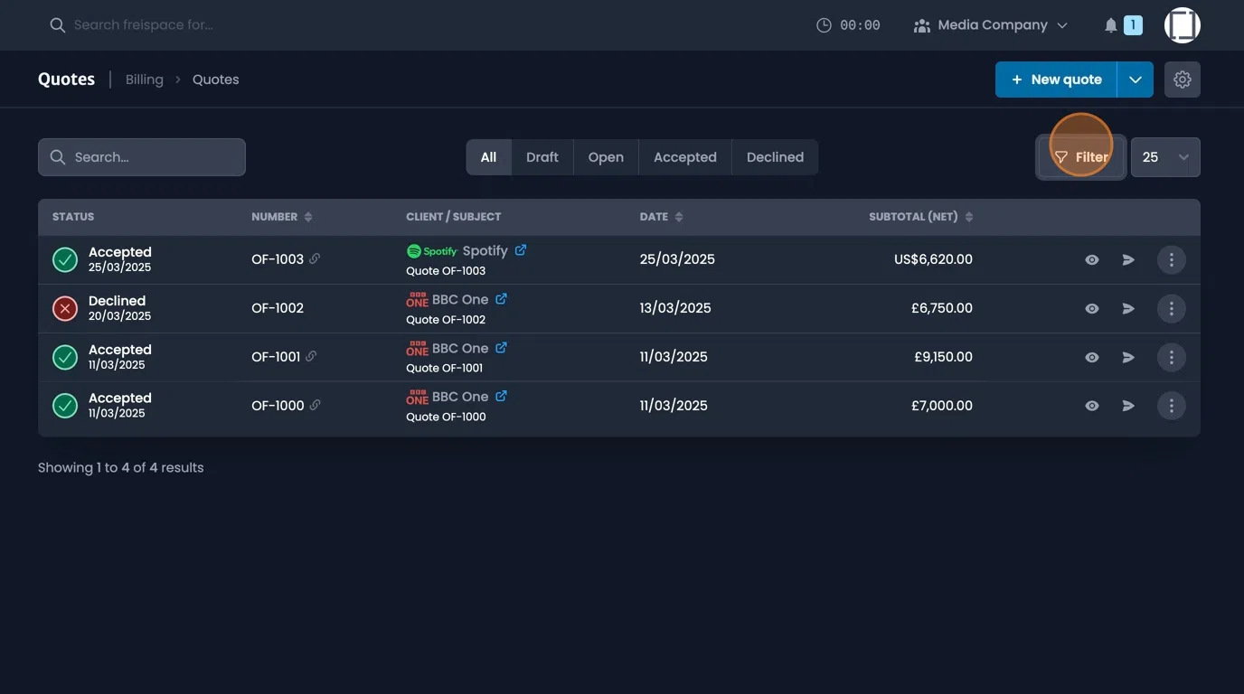 Quote filter options for searching by number, client, date range, or value