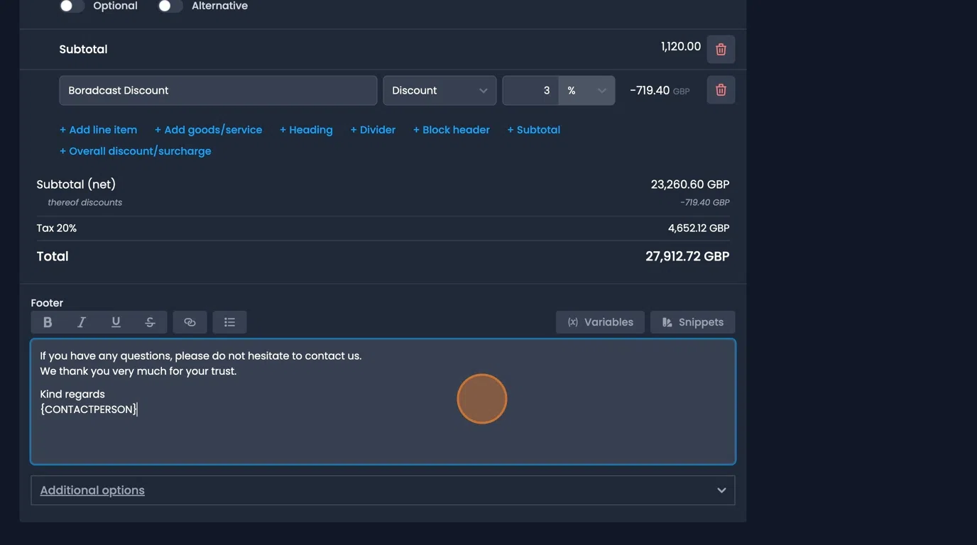 Final text box at quote bottom with snippets and variables support