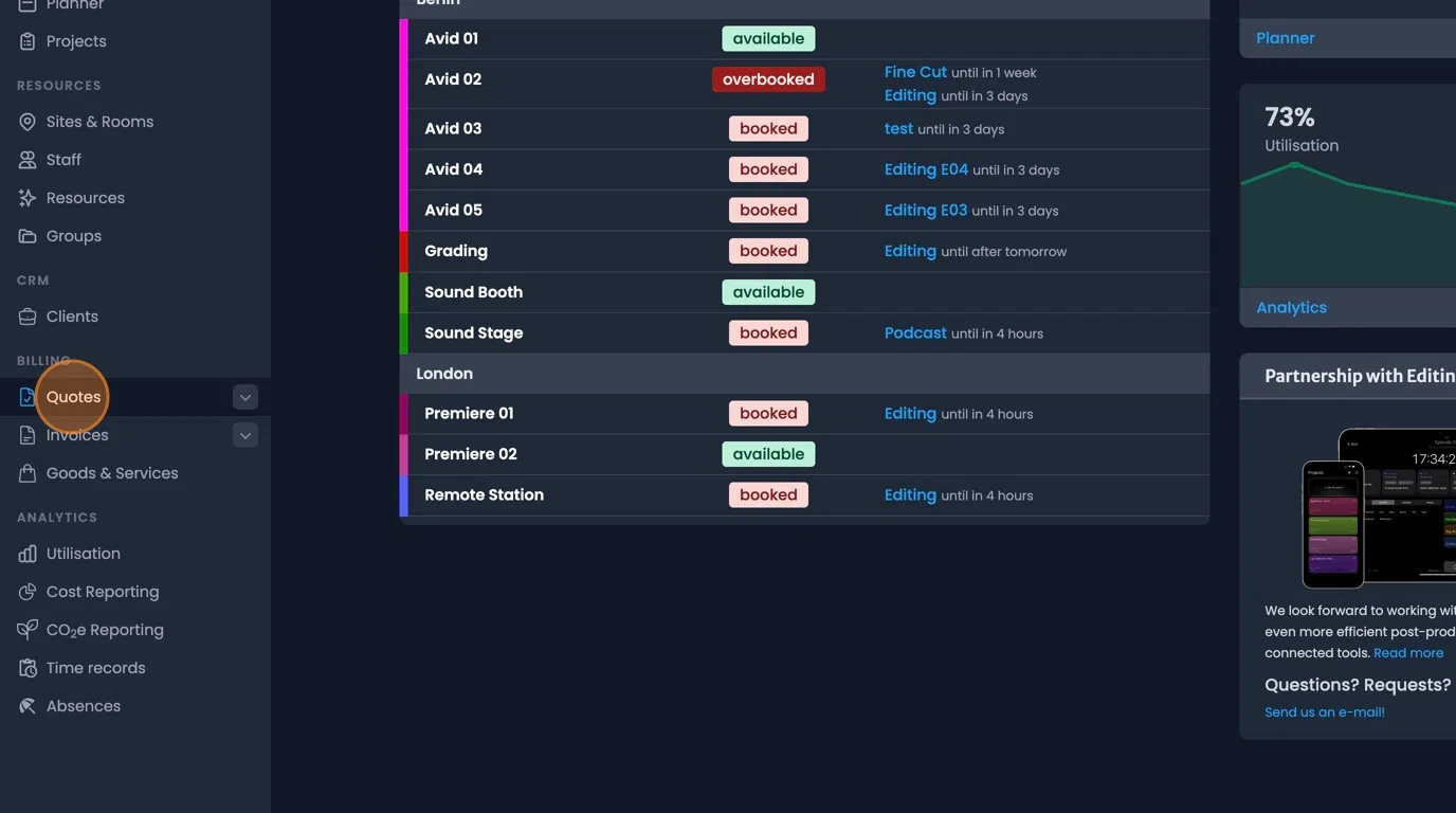 New quote button in the top right corner of the quotes tab