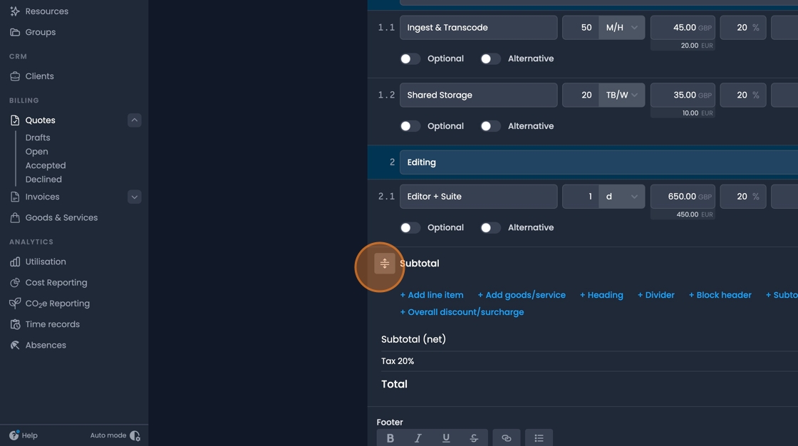 Drag arrows on the left side for reordering quote items by position