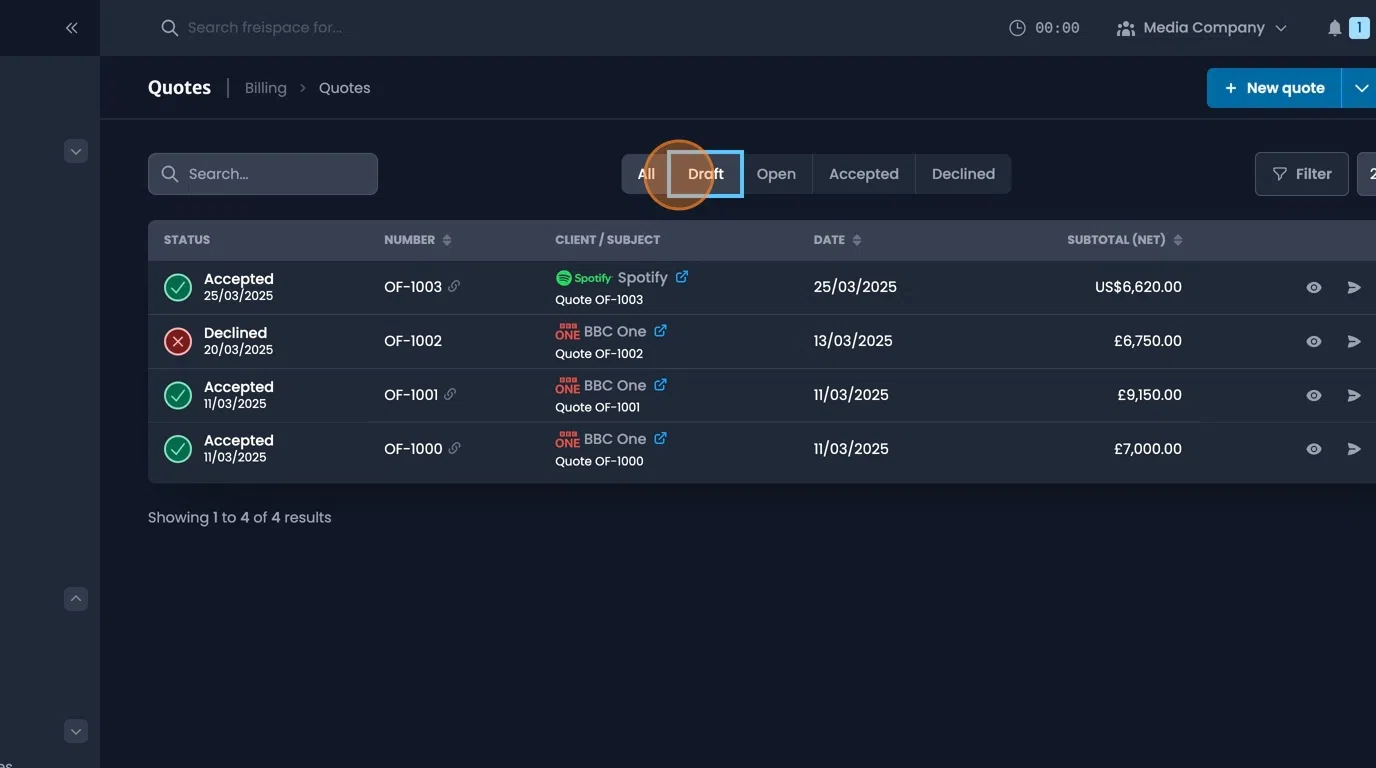 Quote status tabs for sorting by all, draft, open, accepted, or declined