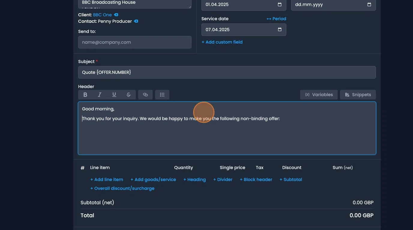 Text box with snippets button for creating and accessing text templates