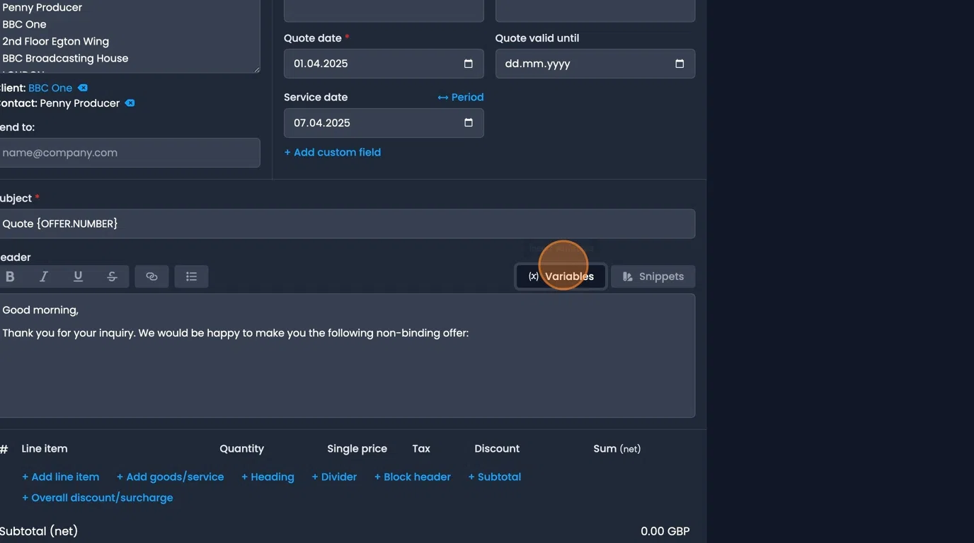 Variables button for inserting automated elements like date, recipient, and quote details