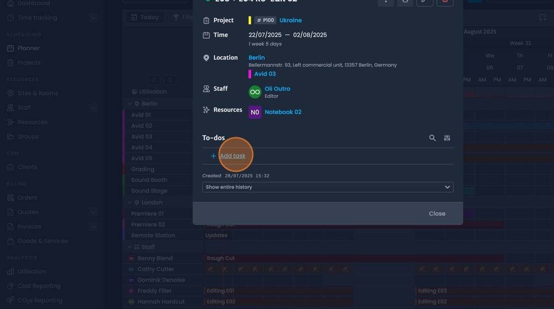 Add task button at bottom of booking tab for creating booking tasks