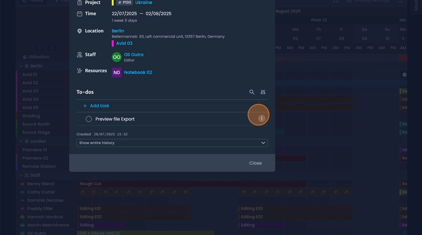 Booking task management with options for subtasks, due dates, and assignees