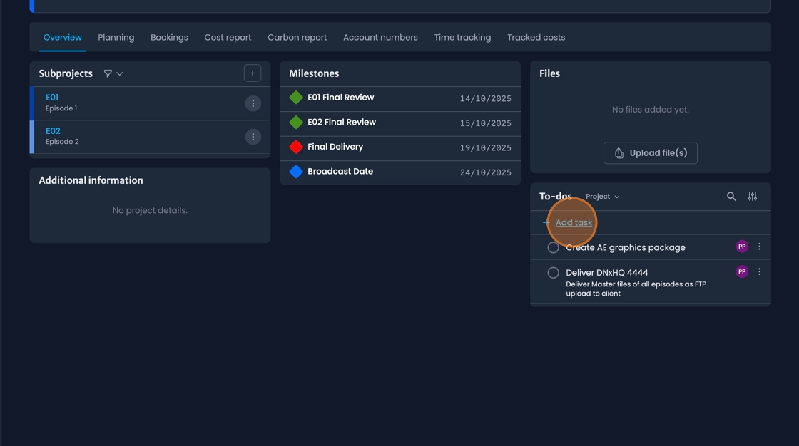 Add task button in project to-do field for creating project tasks