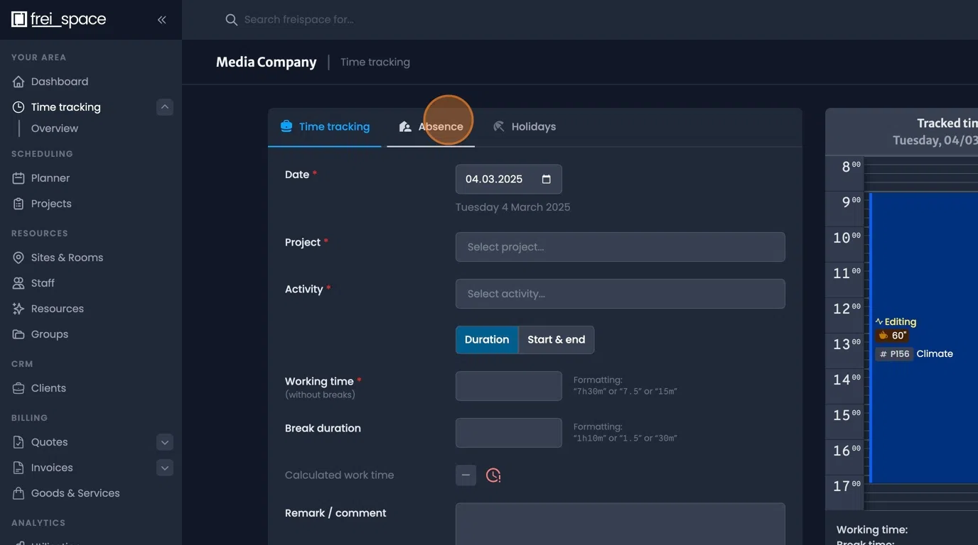 Absence request form with type dropdown and start/end date fields