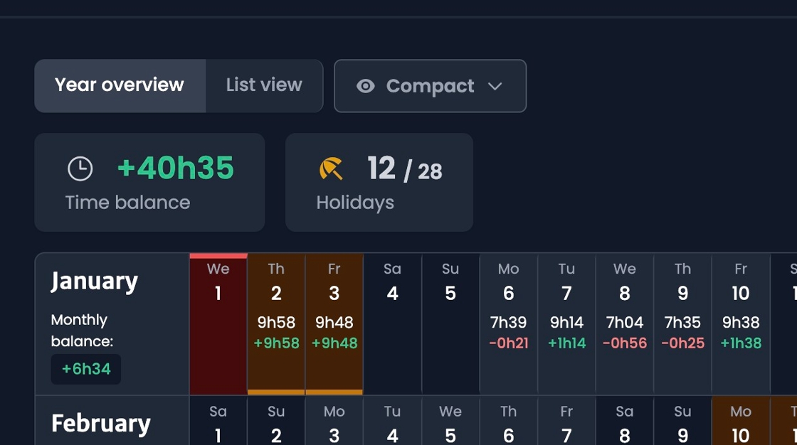 Calendar display showing time and holiday balance information