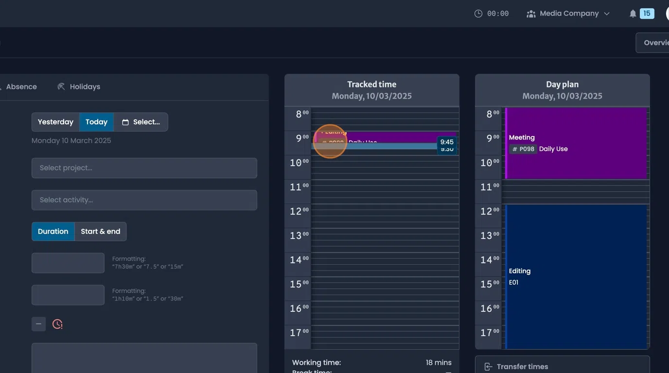 Three time entry methods: click and drag, start/end times, or duration input