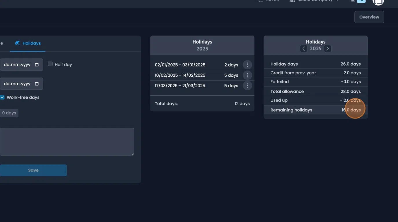 Holiday allowance display showing booked holidays and yearly allocation