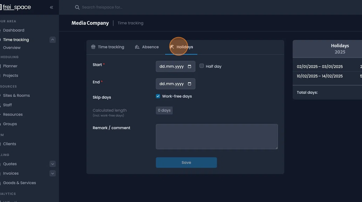 Holiday request form with start and end date fields