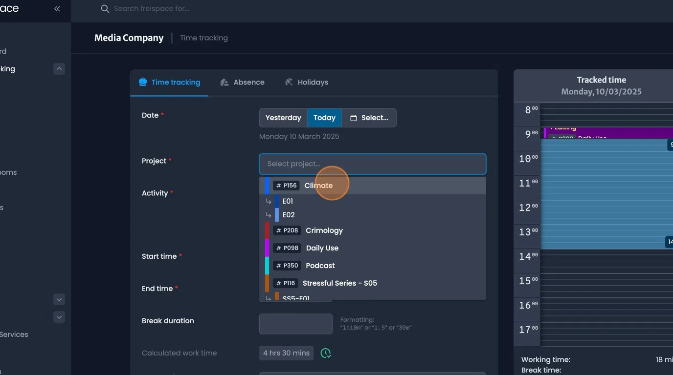 Project and activity fields form with optional break duration and comments